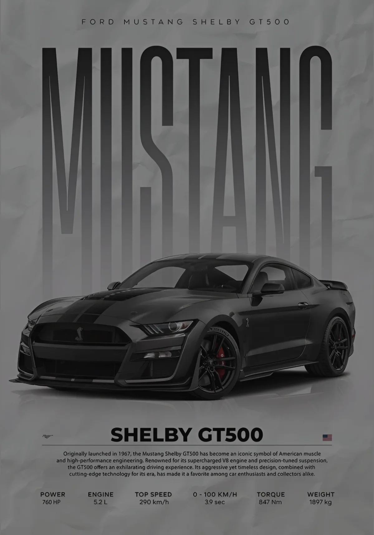 Mustang — Front three-quarter, dusty desert road, hard sun.
