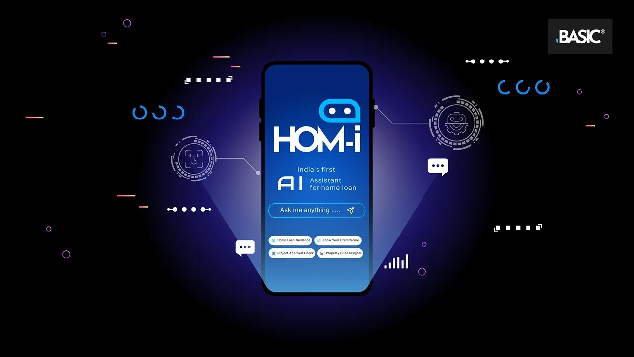 HOM-i — the voice/chat flow on a phone, floated on a dark cinematic backdrop. Real UI.