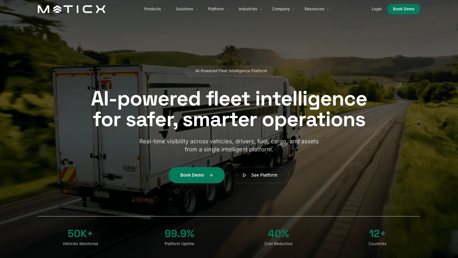 MaticX — fleet control tower dashboard, live map, dark theme.